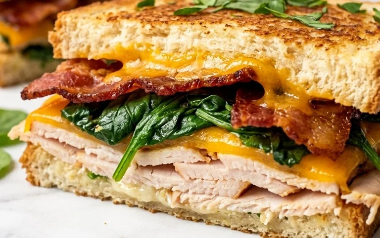 Turkey Melt with Cheddar, Spinach, and Beef Bacon