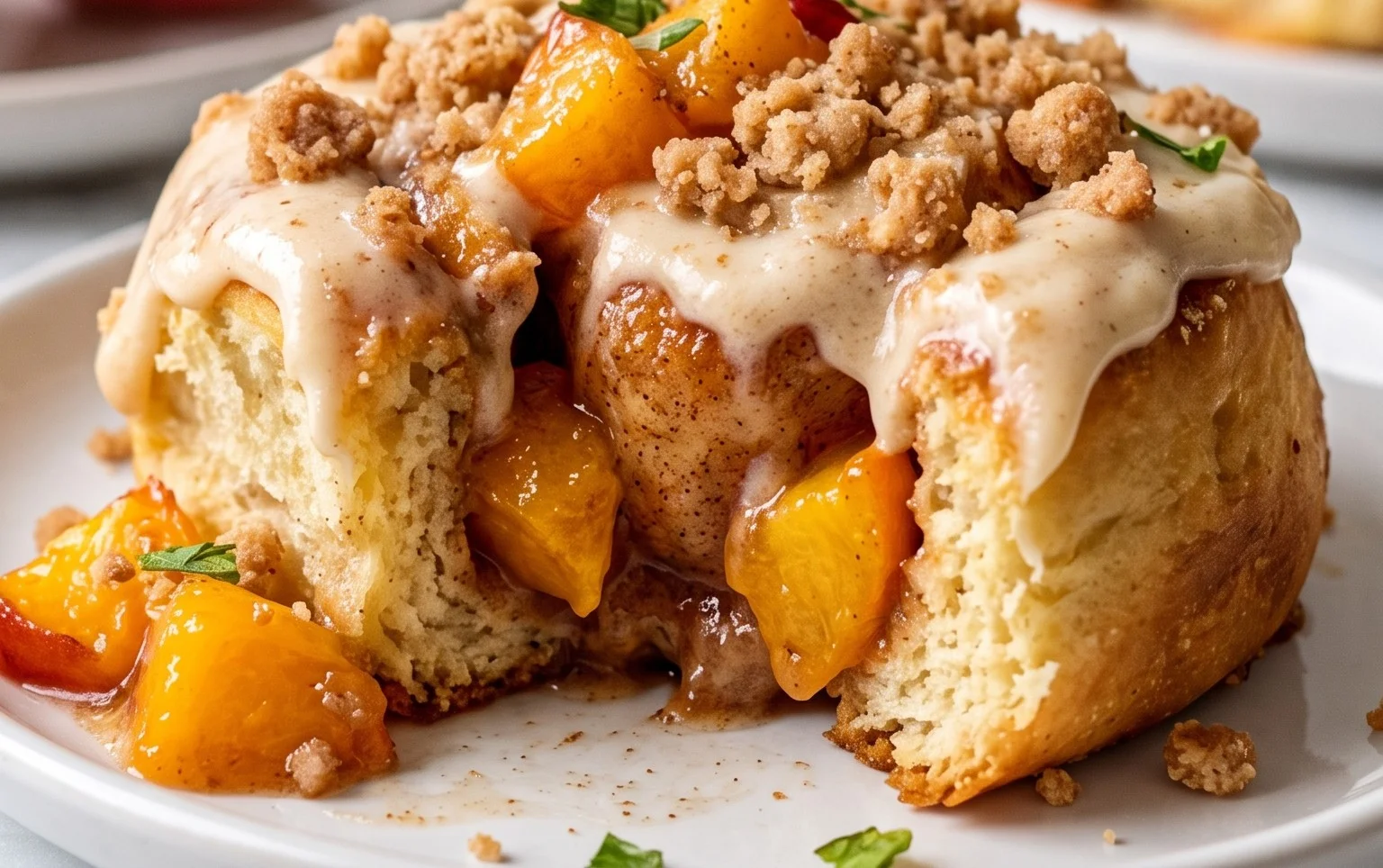 Peach Cobbler Cinnamon Rolls with Crumb Topping