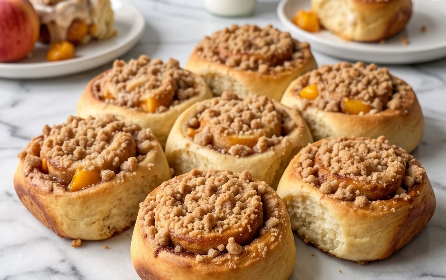 Peach Cobbler Cinnamon Rolls Buttery Crumb Topping